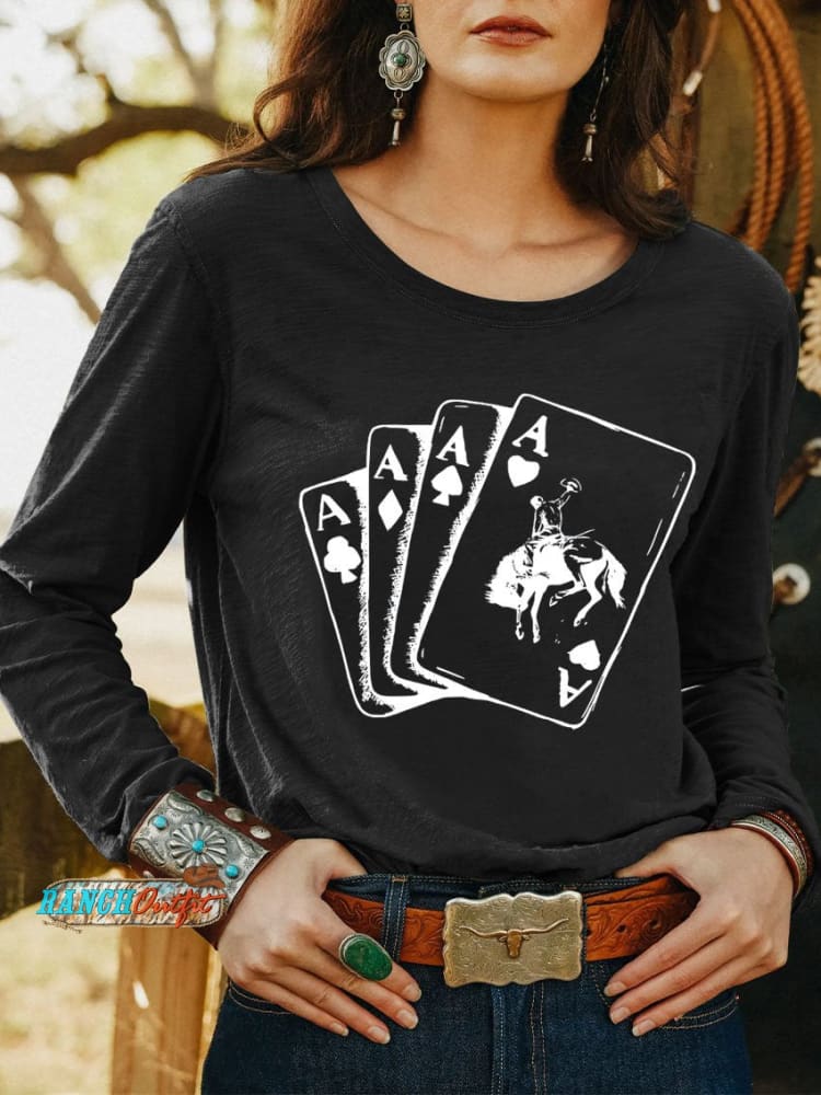 Women’s Ace Card Cowboy Western Art Print Casual T Shirt Black / S