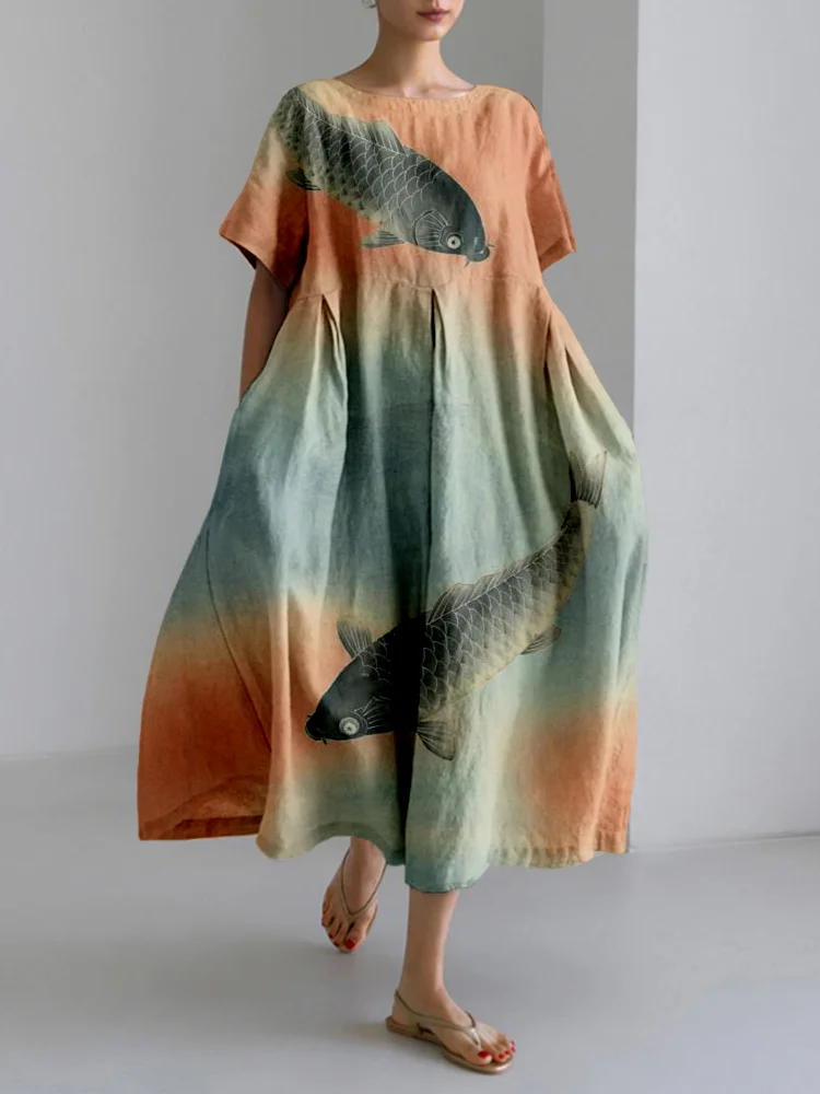 Vintage Carps Art Pattern Linen Blend Maxi Dress