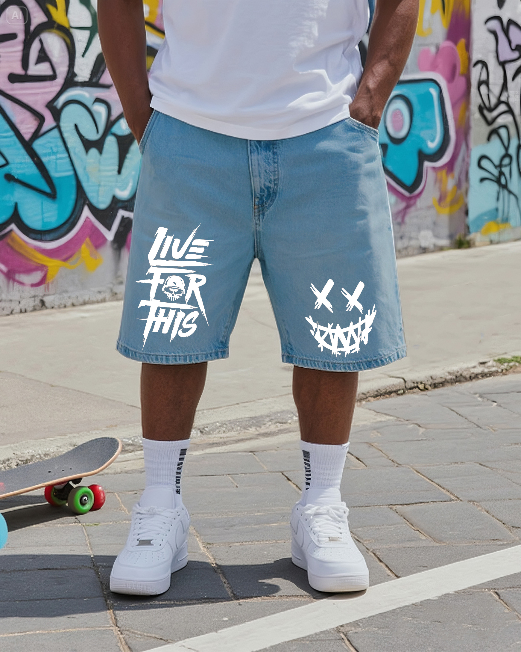 Big & Tall Men's Street Fashion Ideas Live For Him Graffiti Denim Shorts