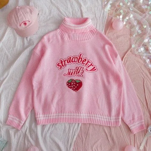 SpreePicky Sweet Strawberry Milk Turtleneck Pullover Sweater SP14838