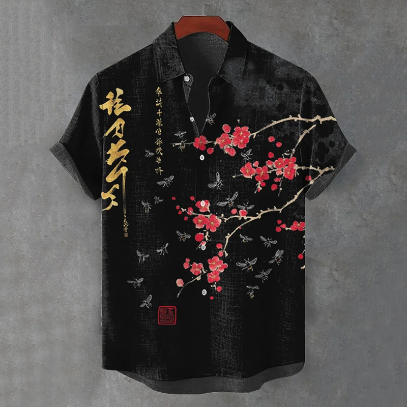 Men's Vintage Bees And  Red Plum Blossom Pattern Casual Shirt  artssus
