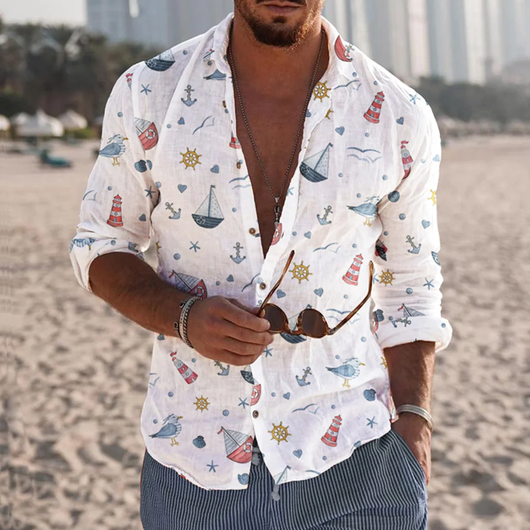New Mens Fashion Vintage Anchor Beach Print Casual Shirt