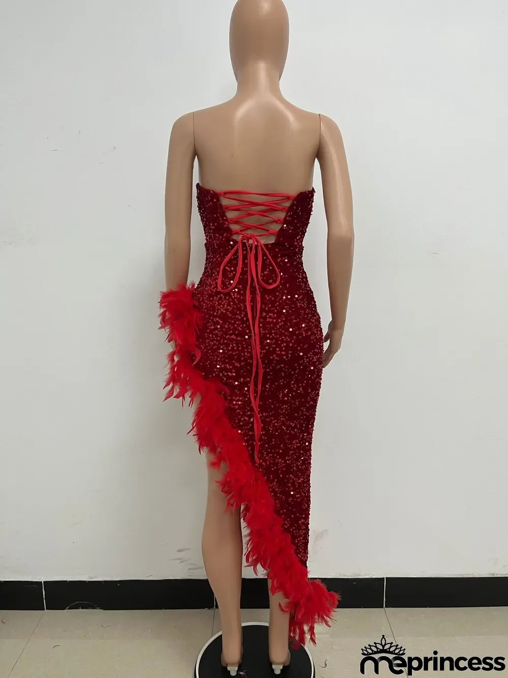 Women Sexy Off Shoulder Backless Sequin Feather Dress