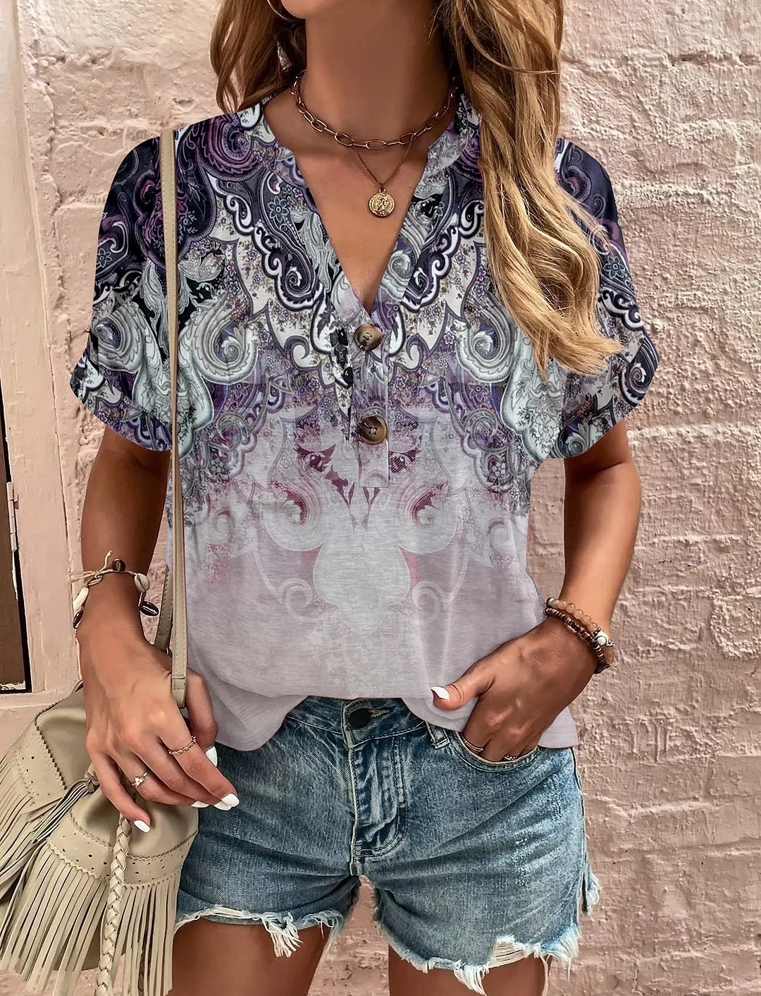 Women's Retro Printed Twisted Button Short Sleeves
