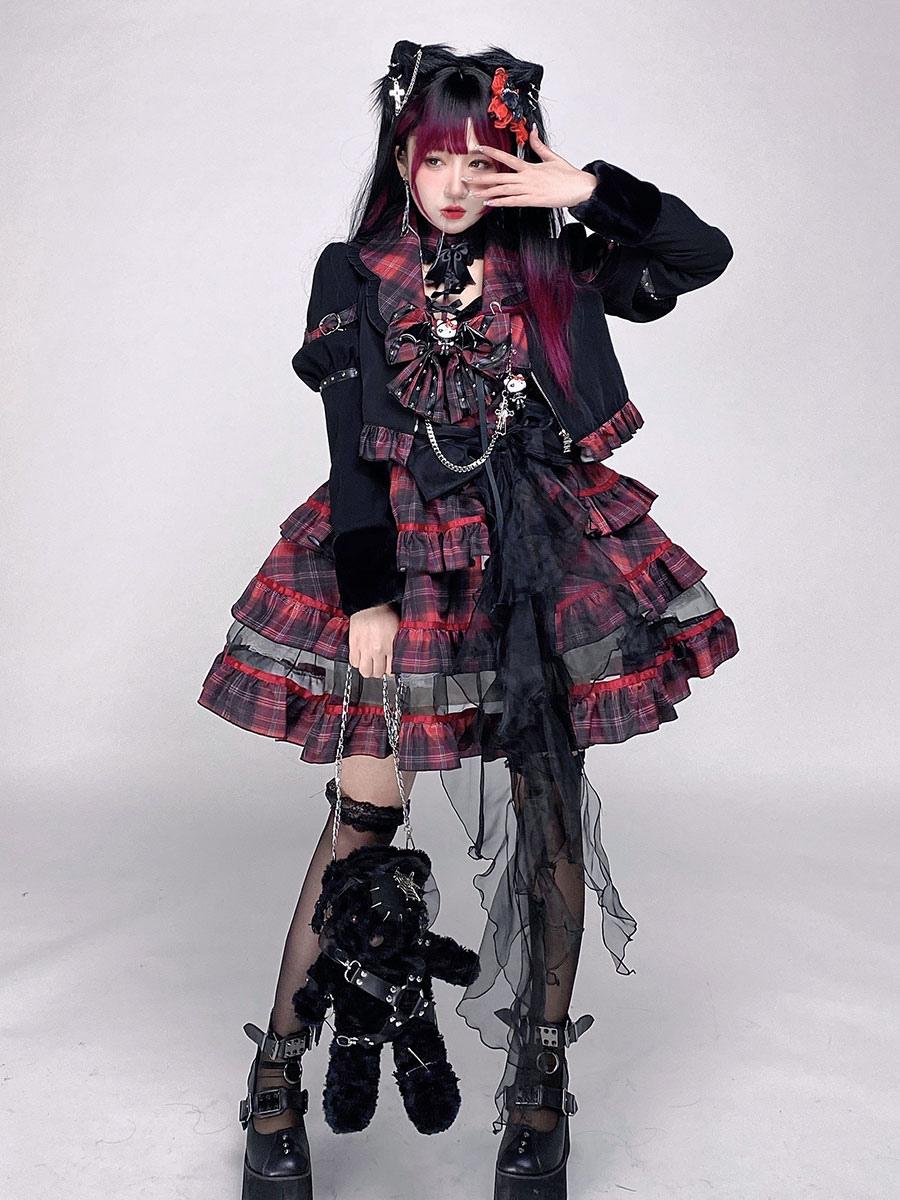 Gothic Red Plaid Skirt Bow Ruffle Lolita Dresses 