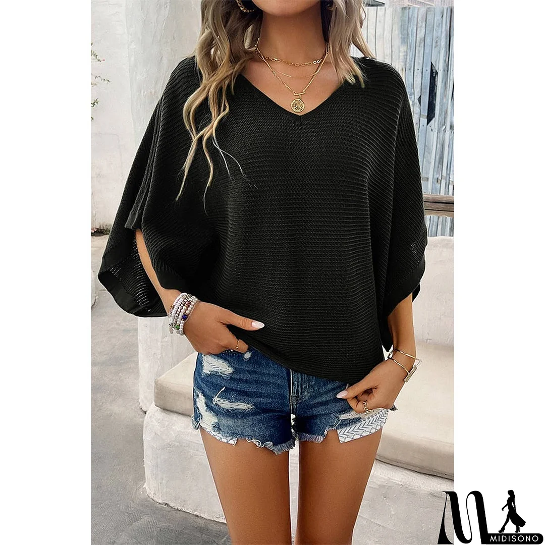 MidiSono - Solid V Neck Knit Loose Fit Bat Sleeves Top