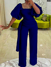 Stylish Belted High Waisted Puff Sleeves Jumpsuit