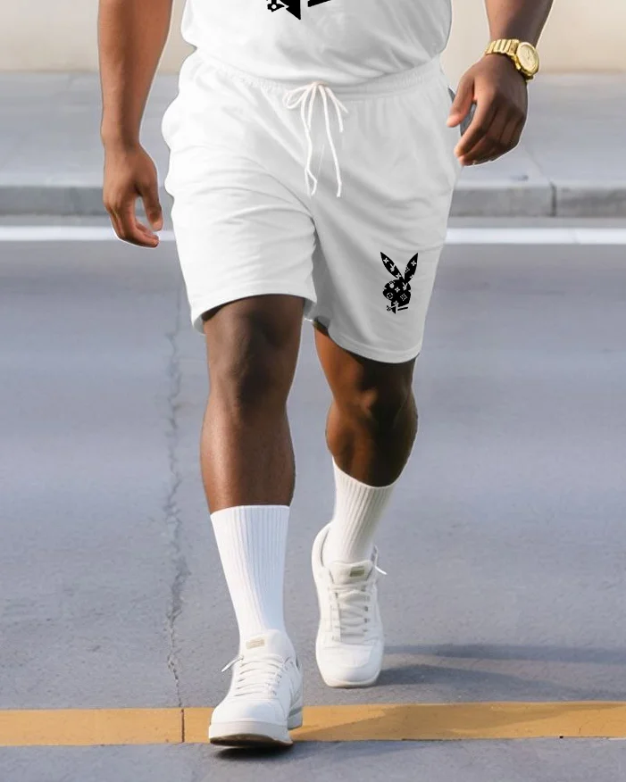 Big & Tall Men Funny Bunny Print Crewneck Short Sleeve T-Shirt Shorts Suit