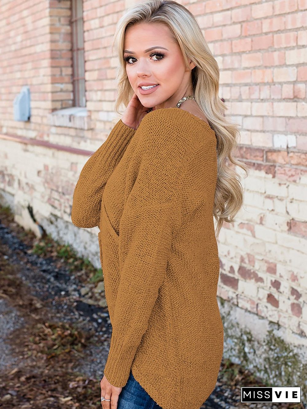 Deep V-Neck Wrap Knitted Sweater