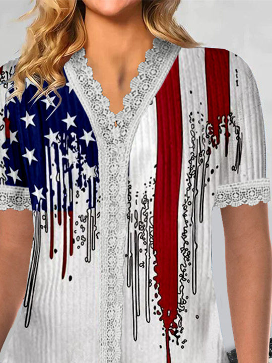 Women Short Sleeve V-neck National Flag Printed Printed Graphic Lace Tops
