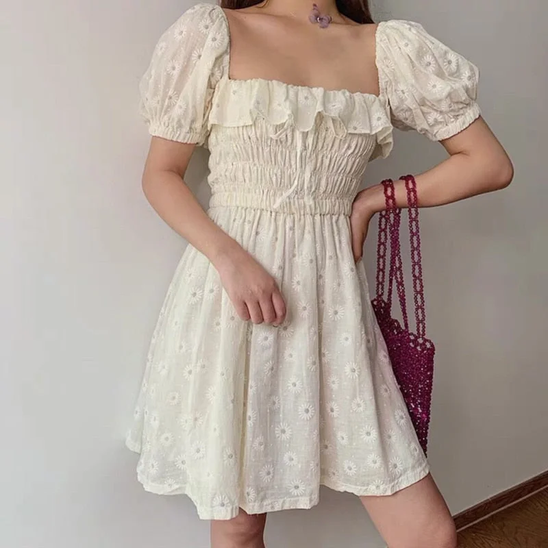 Ruffles Women Puffed Sleeves Dress Square Neck Bow Slim Waist Floral Dresses New 2023 Summer Girls Princess Pleated Dresses