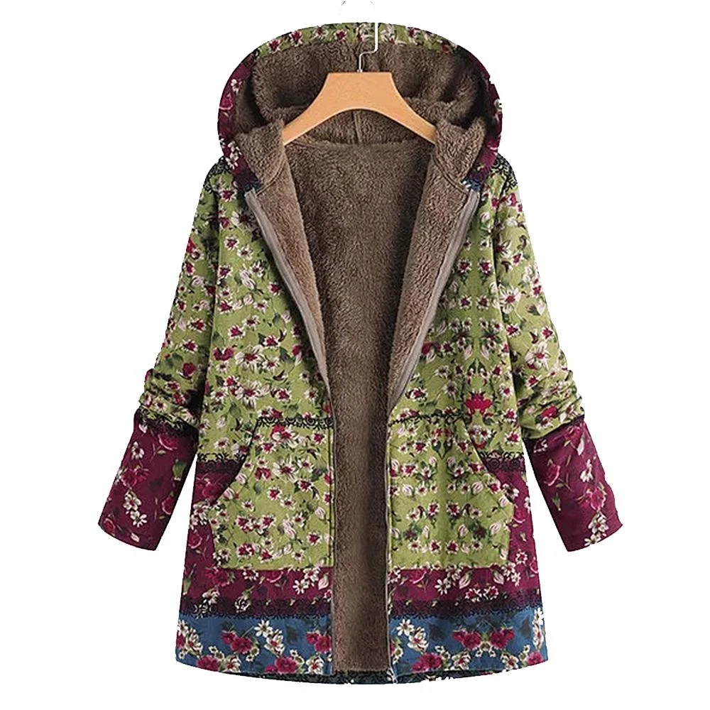 Floral Print Winter Jacket Women Warm Pockets Hooded Oversized Coats Vintage Fluffy Cozy Parkas Female Casual Zipper Outerwear