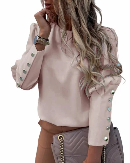 Uveng Uveng Ebaywish Explosion Ins Net Red Long-Sleeved Round Collar Metal Buckle Top