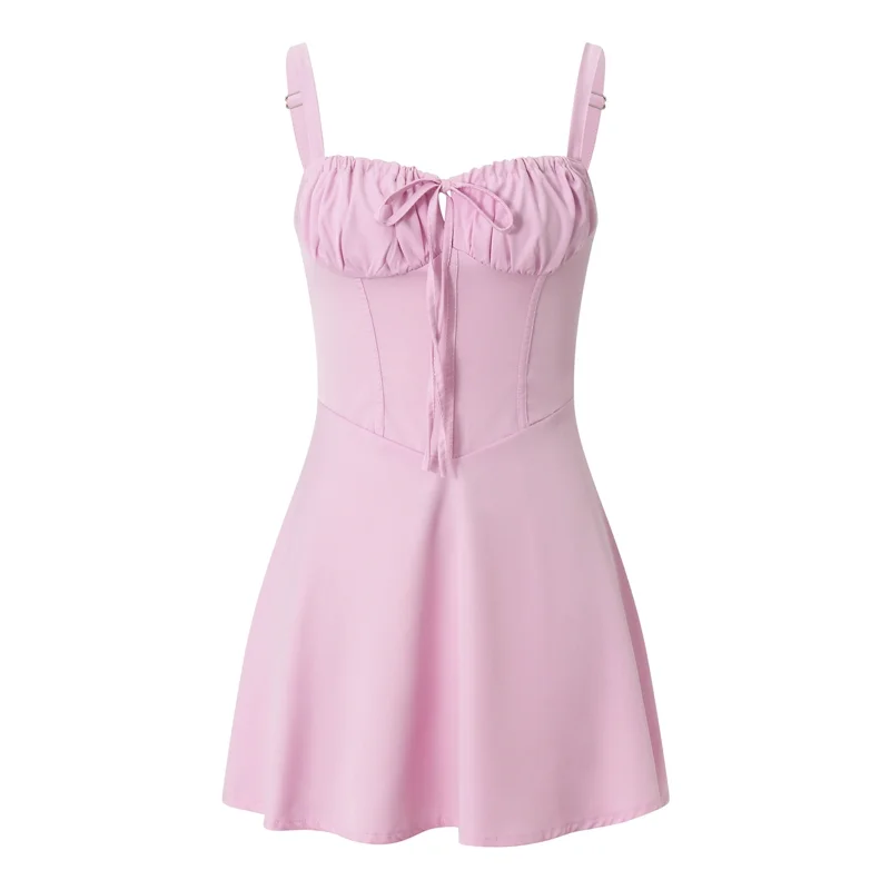 Women Backless Bandage A-line Dress Front Tie Up Spaghetti Strap Cocktail Mini Dress