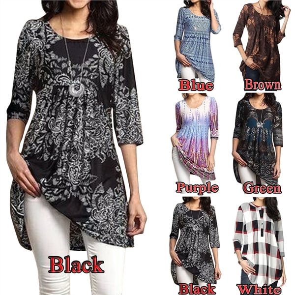 Women Fashion 3/4 Sleeve Waist Floral Printed O-Neck Tunic Dress Tops - Shop Trendy Women's Clothing | LoverChic