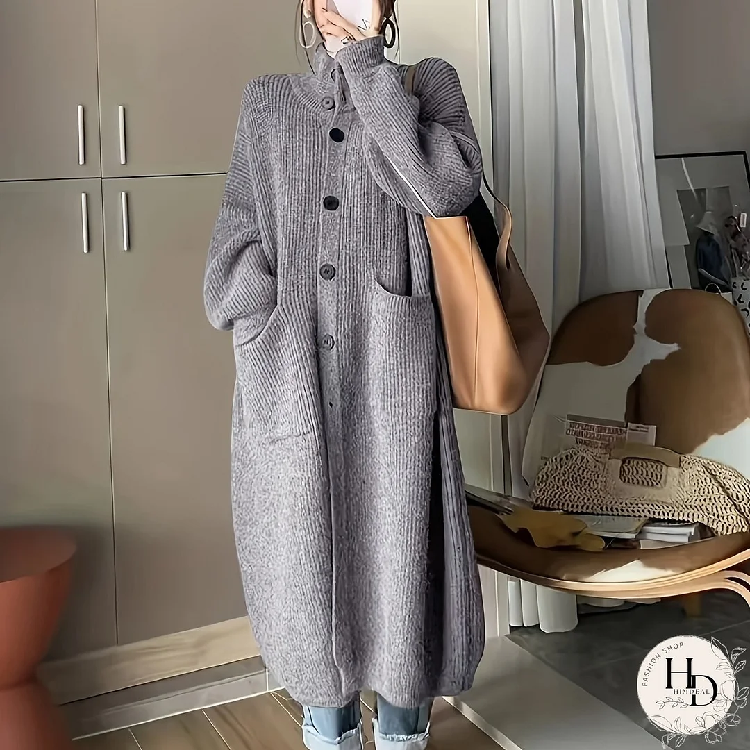 Solid Button Front Turtle Neck Cardigan, Casual Long Sleeve Pocket Oversized Sweater Overcoat, Women's Clothing