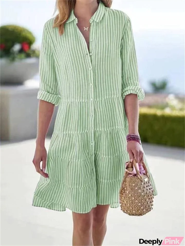 Women's Leisure Striped Lapel Button Down Dress