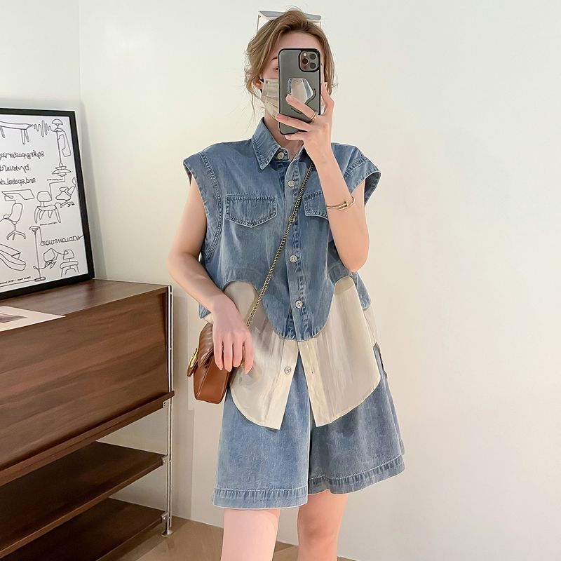 Resellerhostar Fashion Denim Set Women 2025 Summer New Fake Two Piece Panel Sleeveless Shirt Top Wide Leg Shorts Two Piece Set Women Outfits