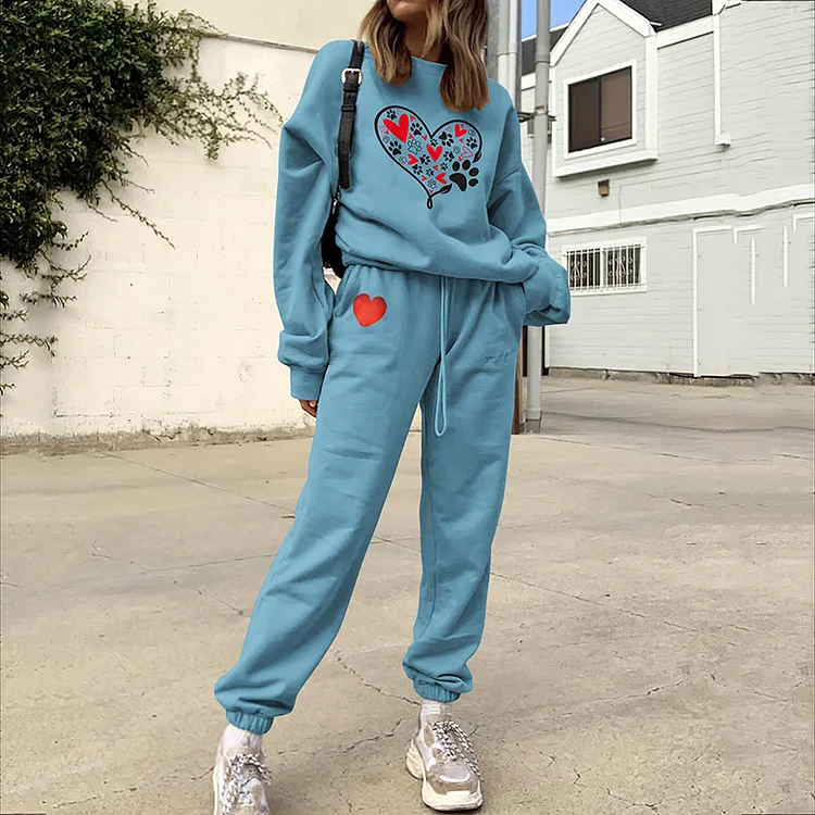Fashion Loose Heart Dog Paw Print Sweatshirt Two Piece Set