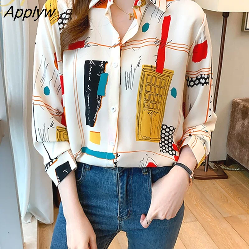 Applyw Han Queen Femme Casual Tops Fashion Spring Autumn Print Shirt Long Sleeve Blouse Korean Woman Clothes Roupas Femininas