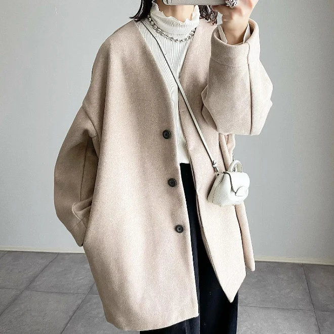 V-neck temperament loose woolen coat