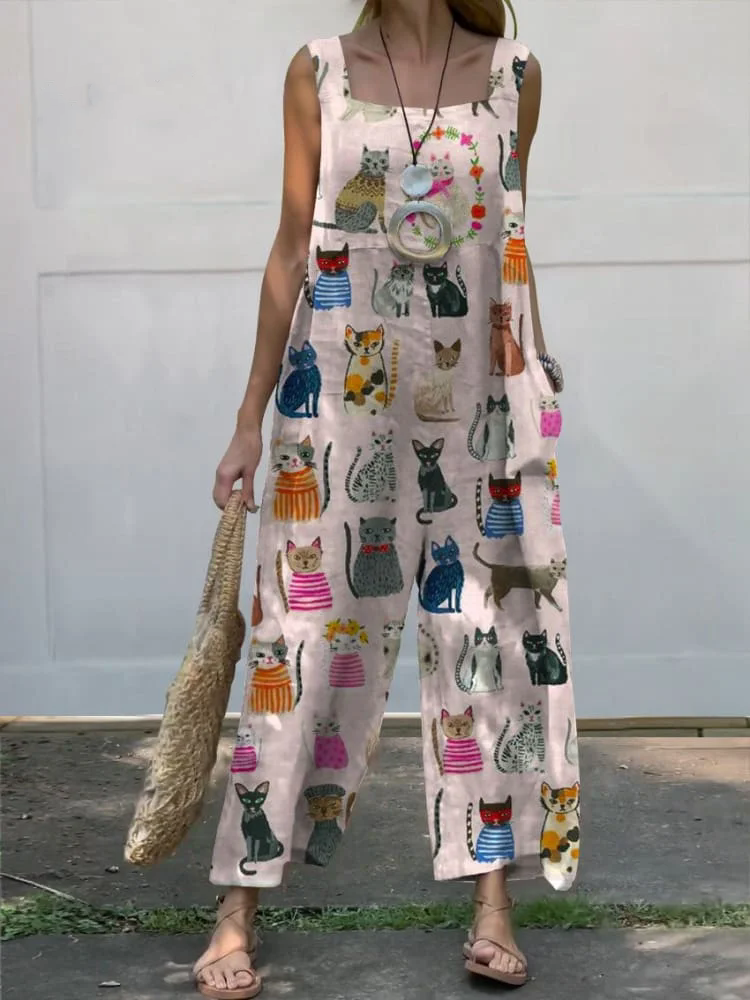 Women's Vintage Lovely Cats Art Print Casual 100% Cotton Wide Leg Jumpsuit