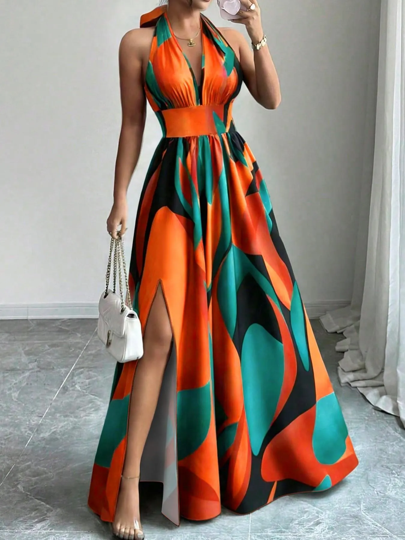 All Over Print Halter Long Dress, Deep V Neck Split Dress, Vintage Style, Sleeveless Backless Dress for Beach and Vacation, Summer New Arrival All Over Print Halter Long Dress, Deep V Neck Split Dress, Vintage Style, Sleeveless Backless Dress for Beach and Vacation, Summer New Arrival