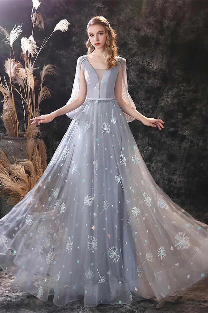 New Arrival Grey Ruffles Long Prom Dress Tulle With Embrodiary - lulusllly