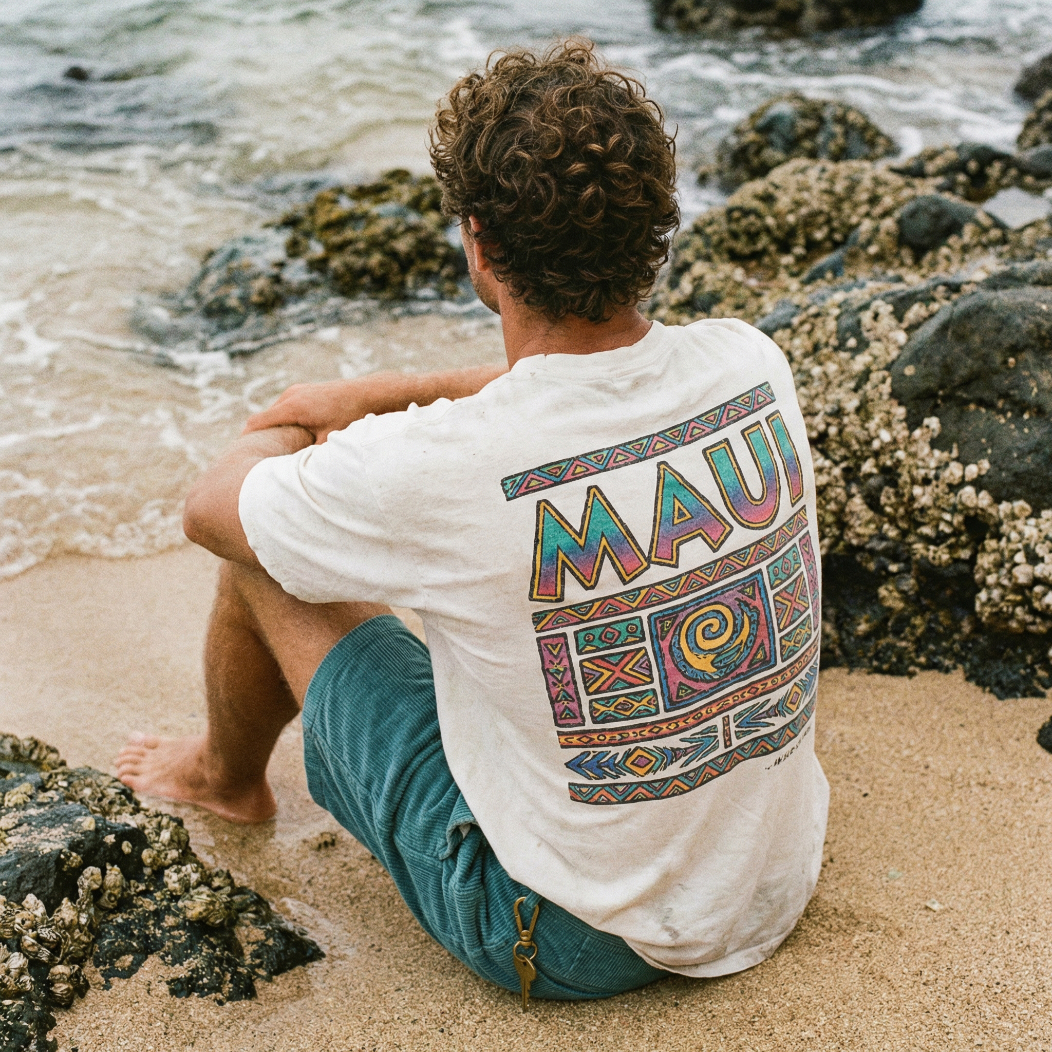 Cotton Surf-Inspired Graphic T-Shirt with Vintage Wave Print for Beach and Casual Wear