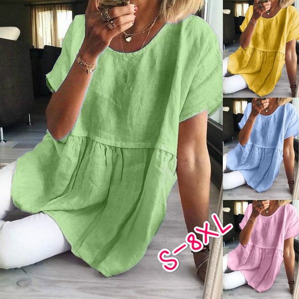 Plus Size Tops XS-8XL Fashion Clothes Summer Wome's Casual Short Sleeve Shirts Beach Wear Loose T-shirts Ladies Solid Color O-neck Linen Blouses - Shop Trendy Women's Clothing | LoverChic
