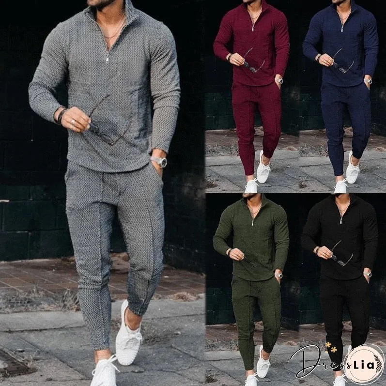 Men's Activewear Casual Half Zip Stand Collar Long Sleeve Pullover T-Shirt and Pant Set Men's Streetwear Solid Color 2 Piece Set