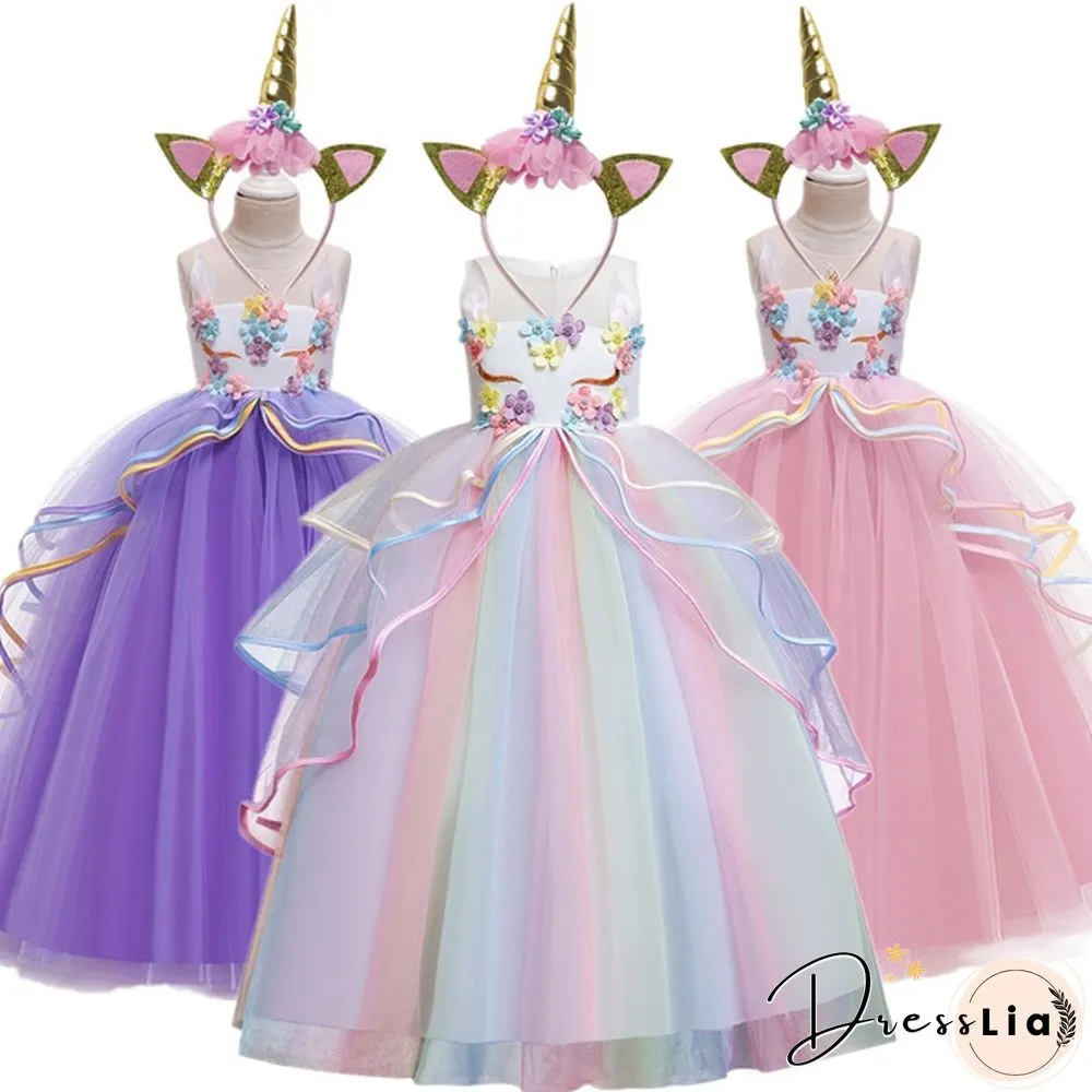 Summer Kids Girl Layered Tulle Unicorn Outfits Dress Headband for Carnival Halloween