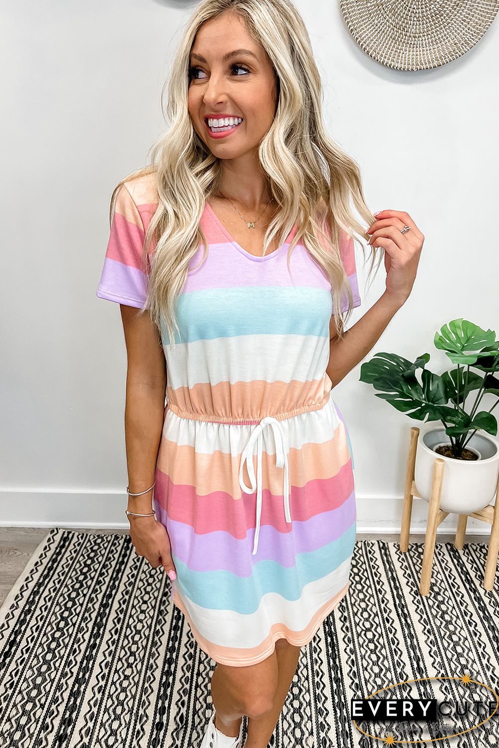 Multicolor Striped Drawstring V Neck T Shirt Dress