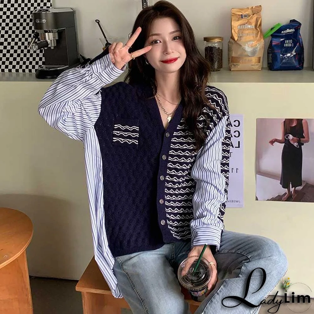Colorblock Stripe Loose V-neck Cardigan Sweater Shirt