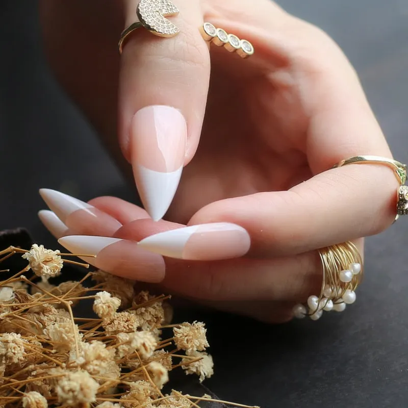 White tipped coffin nails out line UV french tips nude glossy fasle nails sophisticated nude with little bit of tipping edge-Nail Inspo
