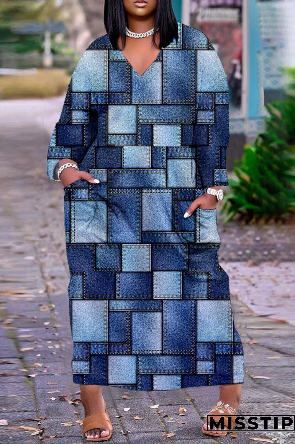 Blue Casual Print Patchwork V Neck Long Sleeve Dresses