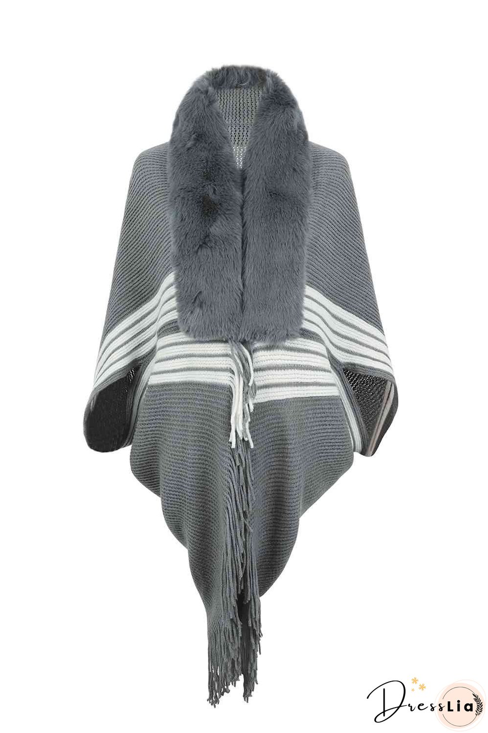 Striped Fringe Detail Long Sleeve Poncho