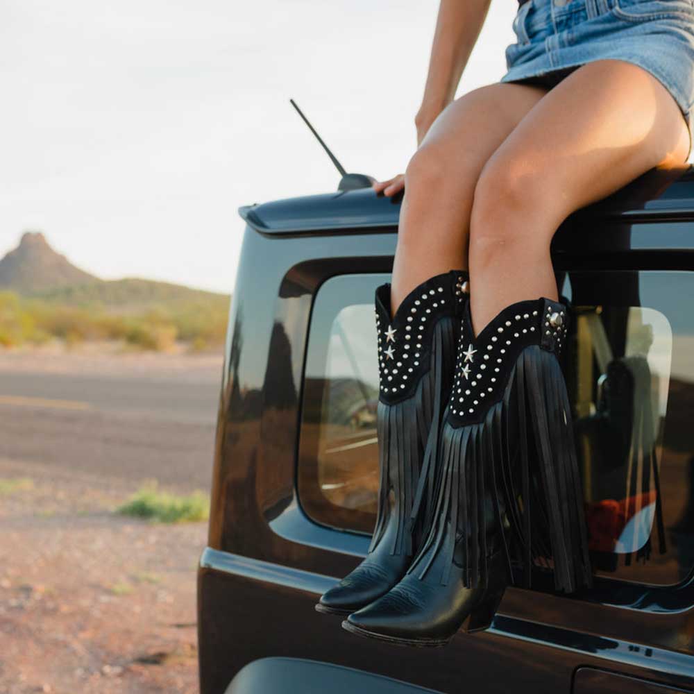 Vegan Leather Pointed Fringe Knee-High Heel Cowgirl Boots in Black 