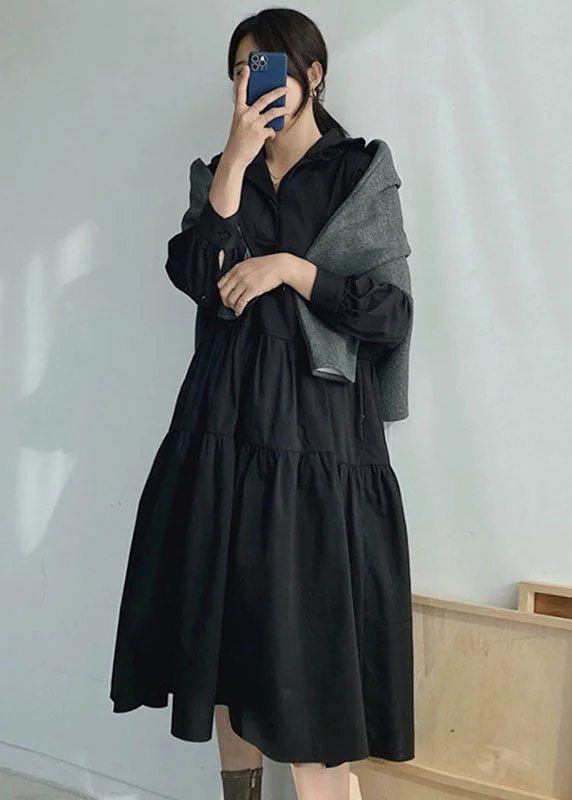 Plus Size Black Ruffled wrinkled Cotton Dress Spring