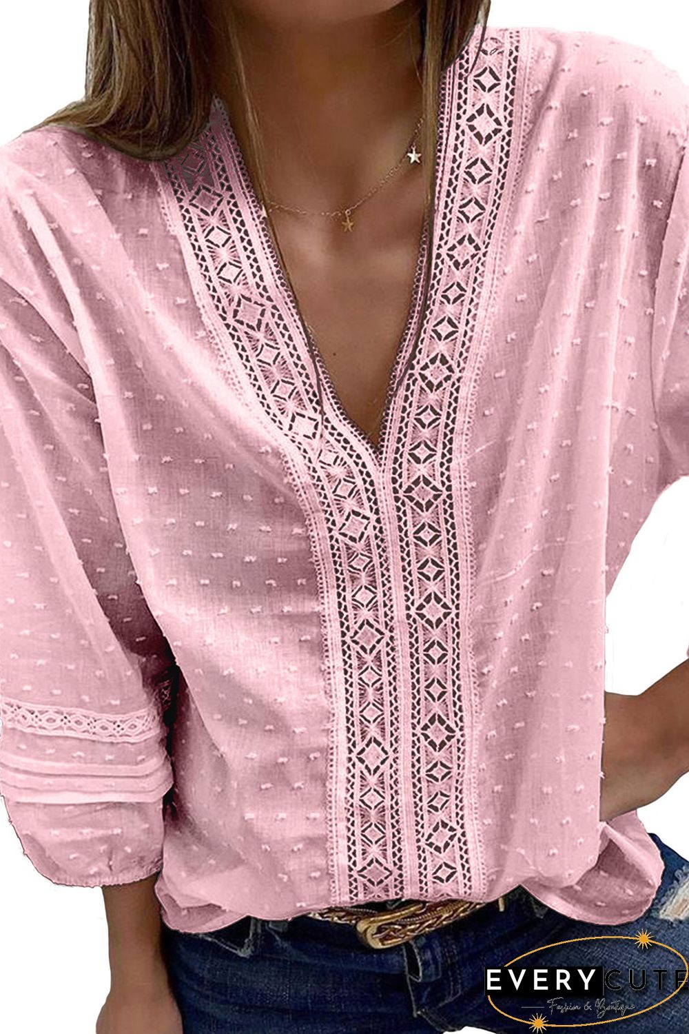 Pink V Neck 3/4 Sleeve Swiss Dot Casual Shirt