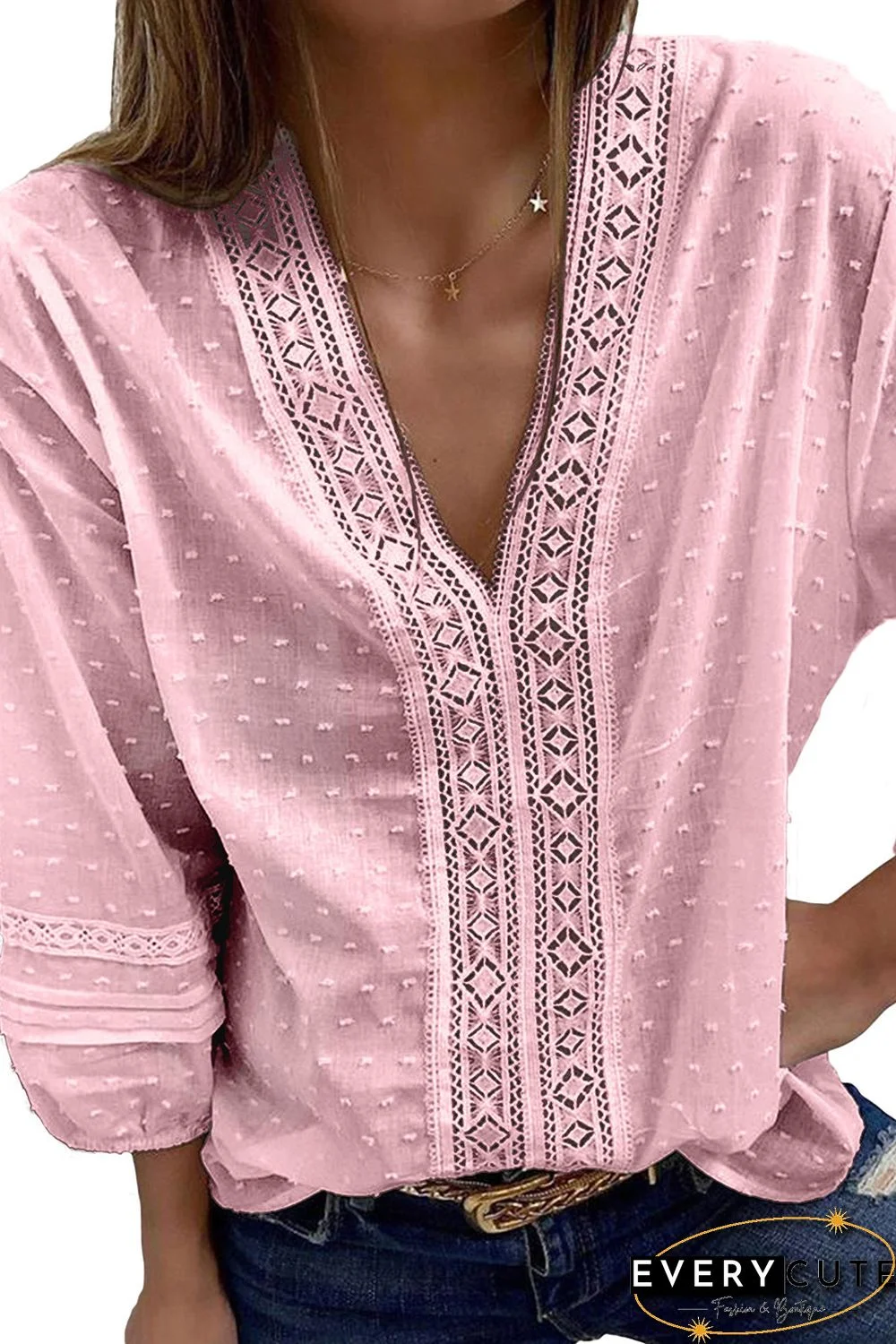 Pink V Neck 3/4 Sleeve Swiss Dot Casual Shirt