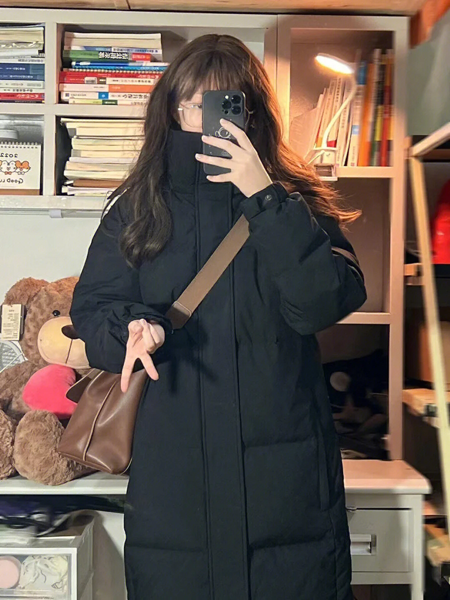 Toloer In The Play Add Thick Down Jacket Female Long Style Add Thick Hooded Over The Knee College Wind Silver Ion Students Lovers Coat-Outfit Ideas