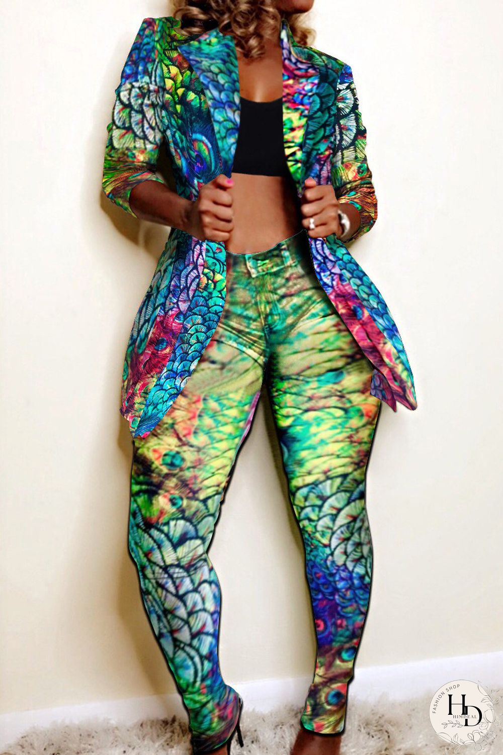 Turquoise Fashion Casual Print Cardigan Pants Turndown Collar Plus Size Two Pieces