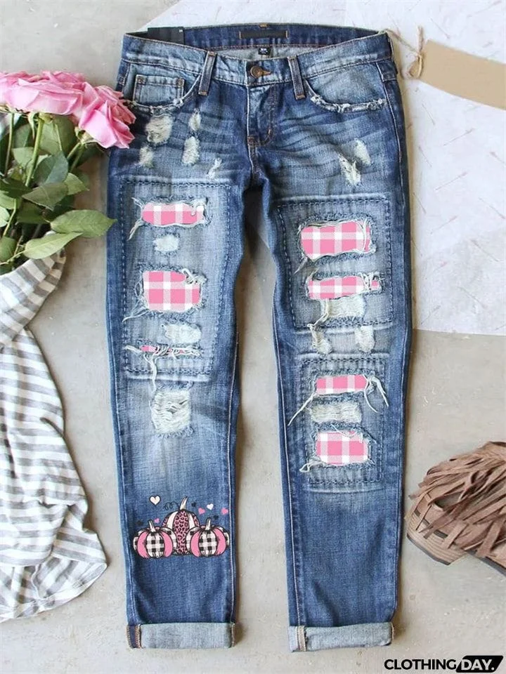 Women's Lovely Pink Pumpkin Street Ripped Blue Denim Pants