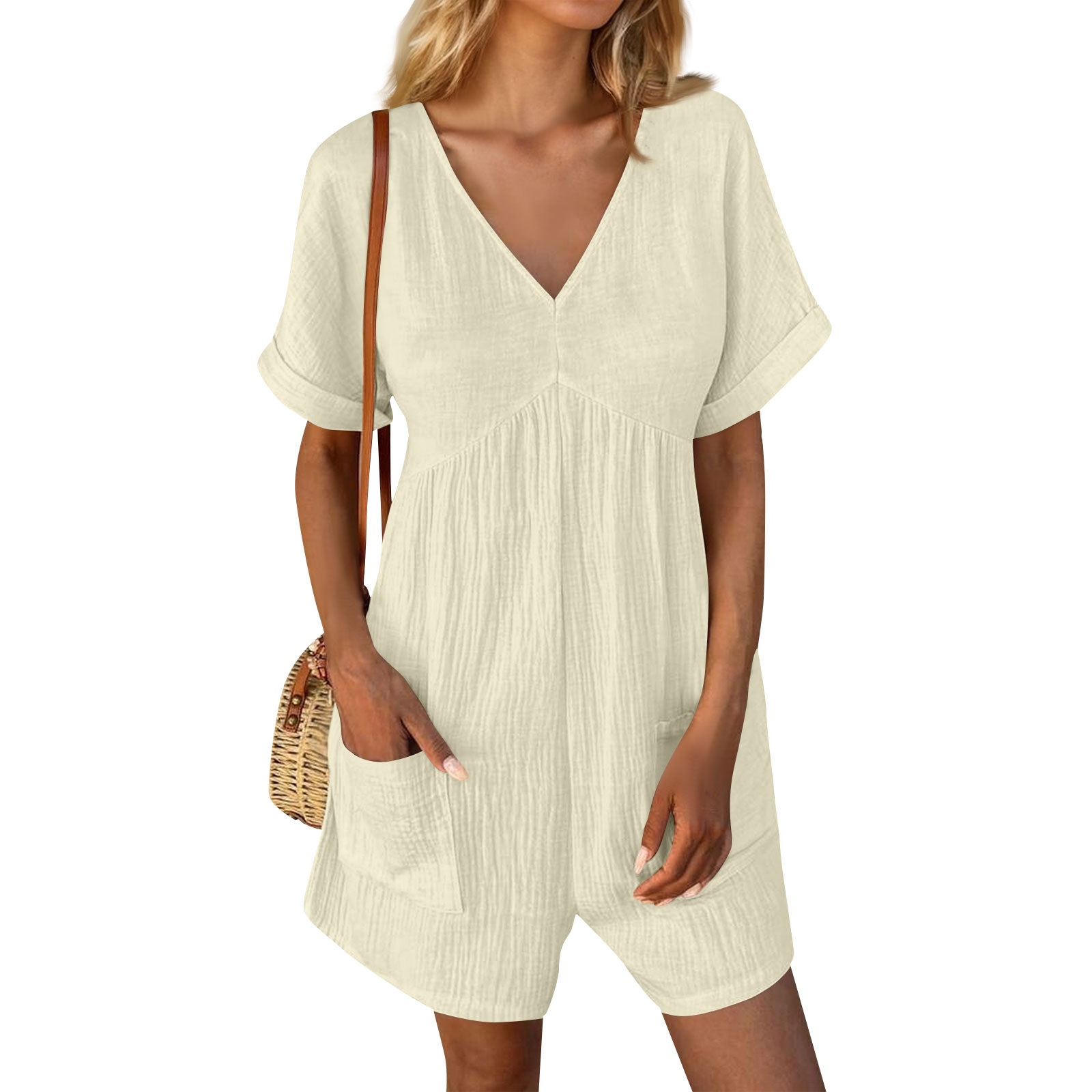 Older Women Summer Fashion Solid Color And V-neck Loose Short Sleeve Jumpsuit