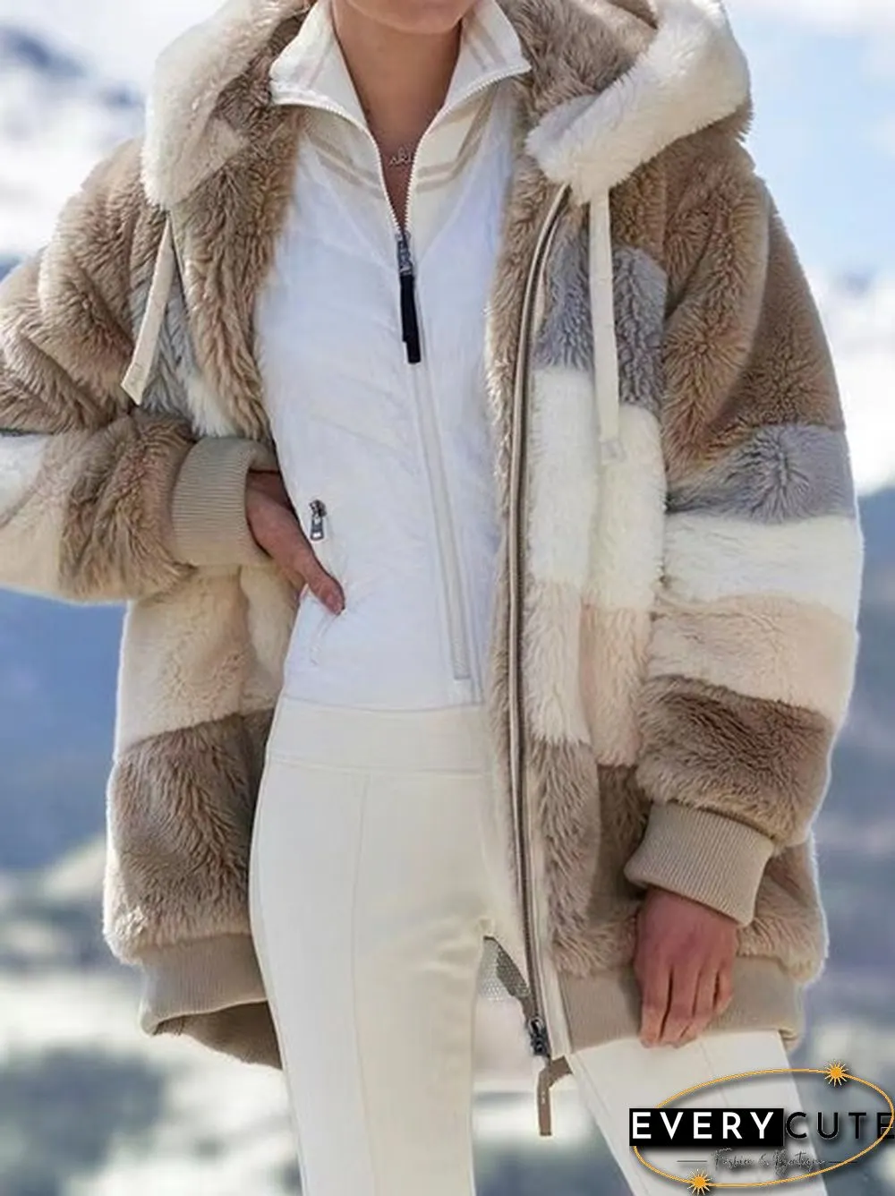 New Winter Womens Fashion Jacket Hooded Warm Plush Loose for Women Patchwork Outerwear