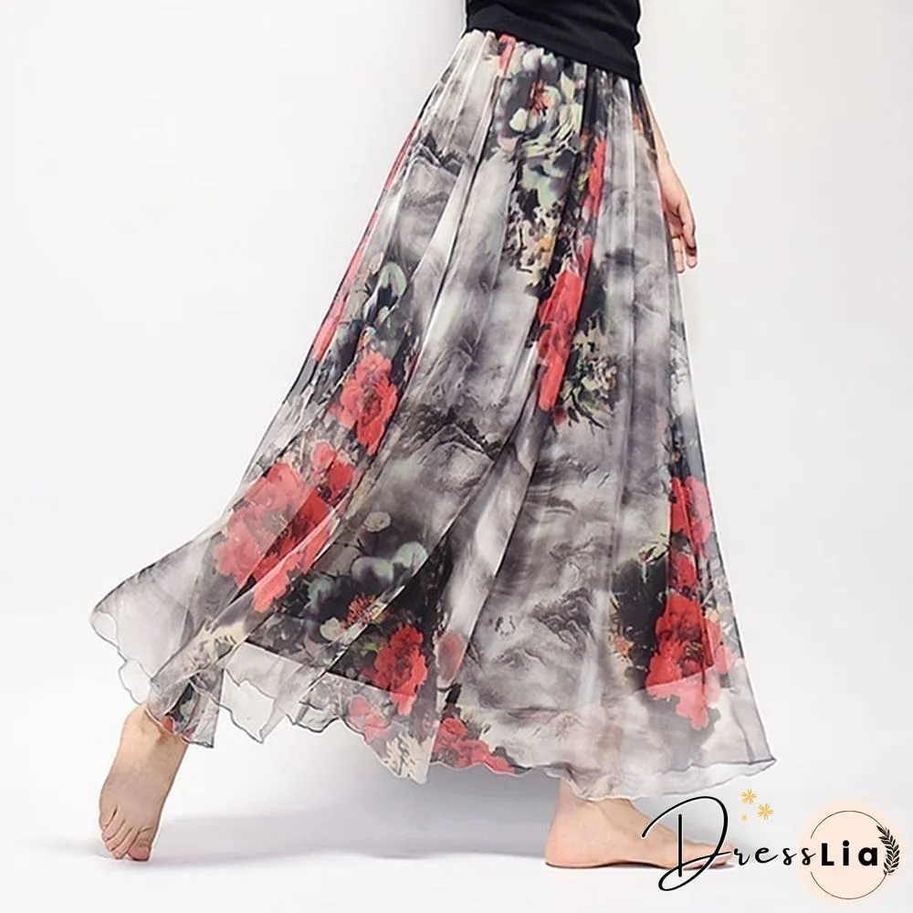 Women Boho Vintage Bohemia Chiffon Floral Printed Floor-Length Long Maxi Beach Dresses