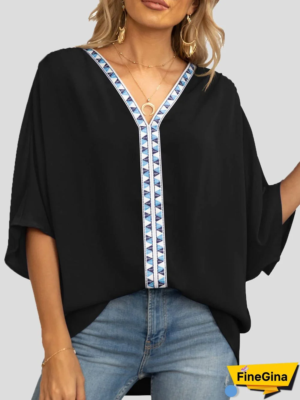 Women'S Blouses V-Neck Dolman Sleeve Chiffon Blouse