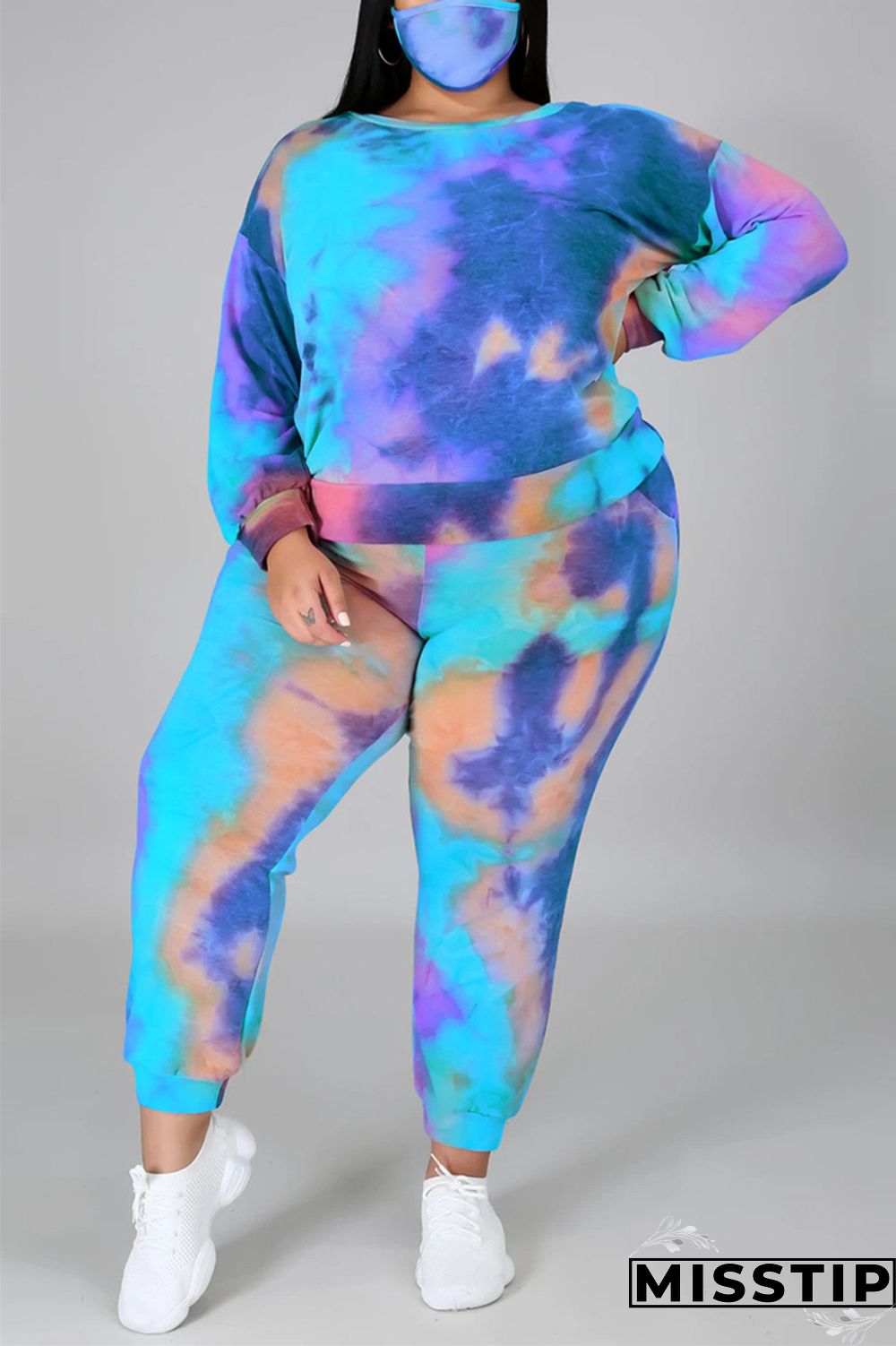 multicolor Fashion Casual Print Tie Dye Tie-dye Backless O Neck Plus Size Set