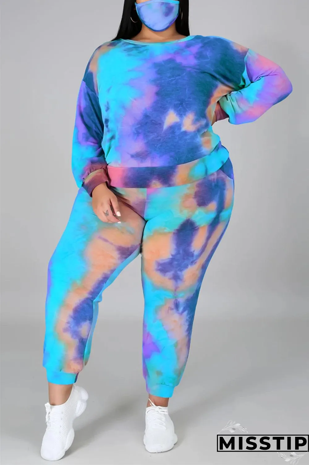 multicolor Fashion Casual Print Tie Dye Tie-dye Backless O Neck Plus Size Set